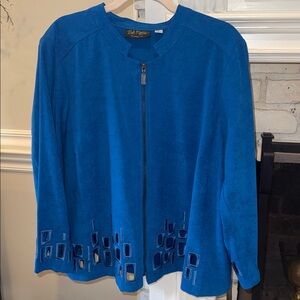 Bob Mackie Wearable Art Blue Full Zip Laser Cut Jacket Size XL moleskin